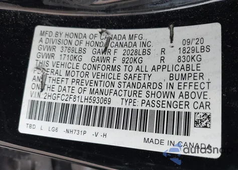 2020 Honda Civic Sport z USA, uszkodzony, nr VIN 2HGFC2F81LH593069